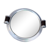 Tray, mirror round art deco, two wooden handles, surrounded by metal, back wood