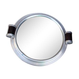 Tray, mirror round art deco, two wooden handles, surrounded by metal, back wood