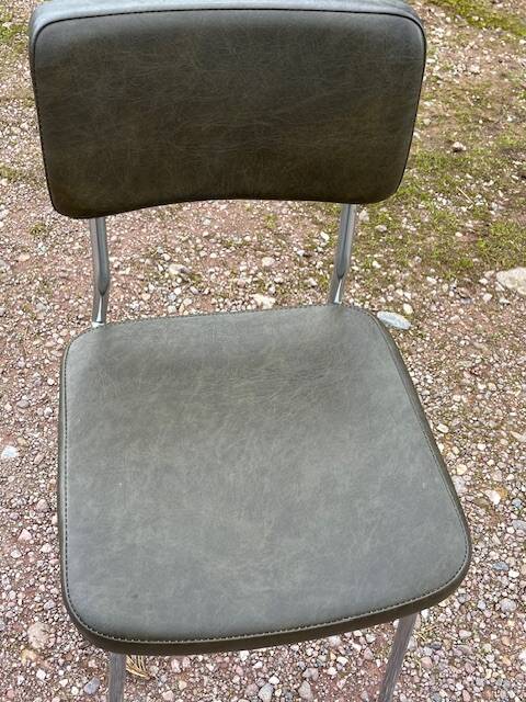 3 bronze-green faux leather chairs with chrome frames