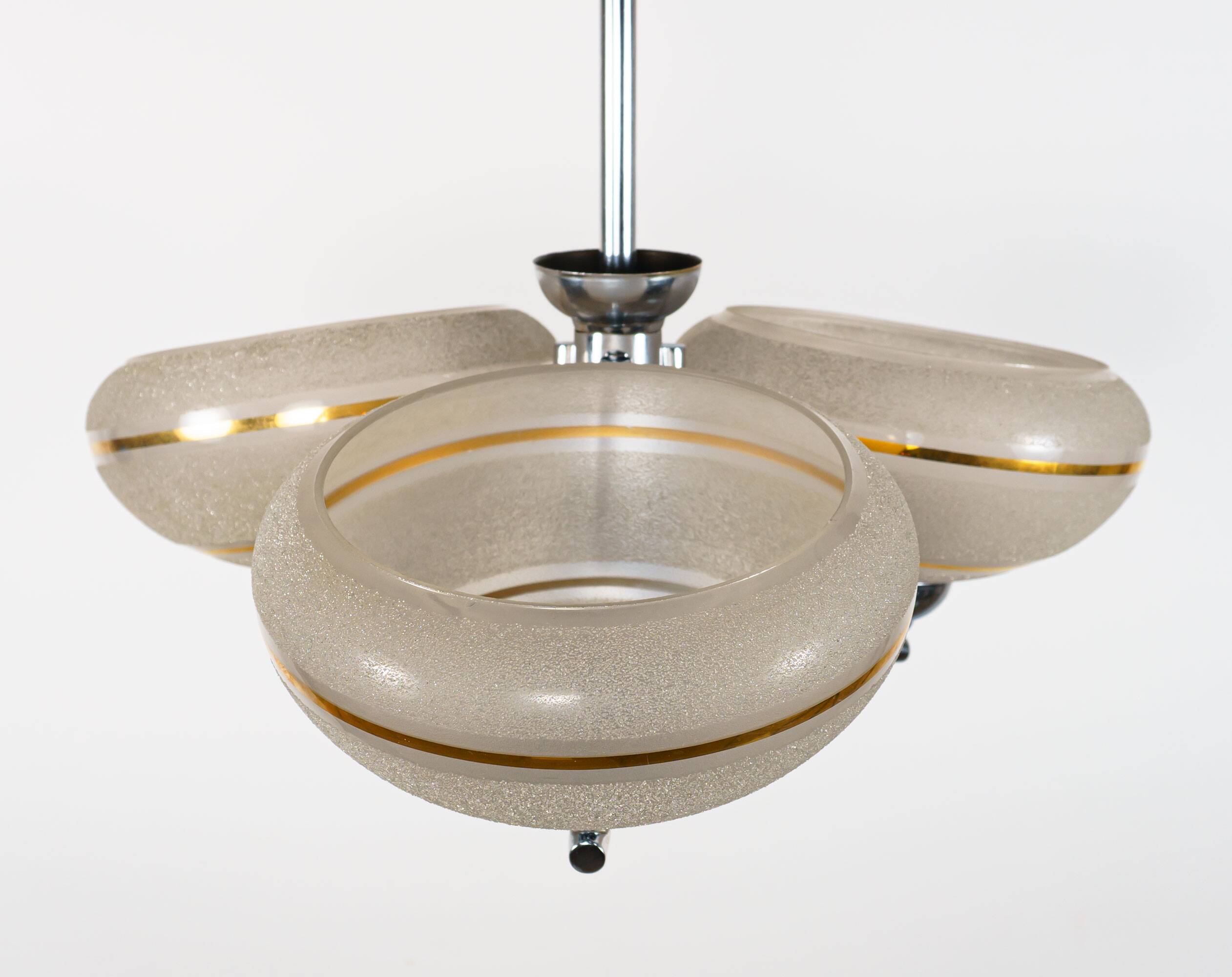 1930s English Art Deco 3-Arm Chrome & Gold Gilt Glass Chandelier Lamp
