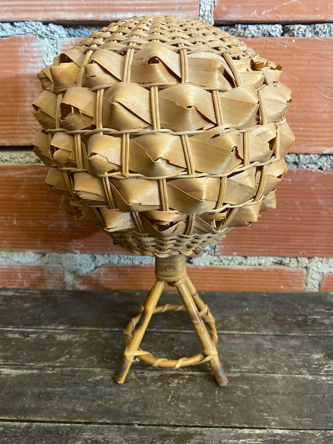 Vintage 50s Tiki Rattan Lamp + Woven Natural Fibre Ball