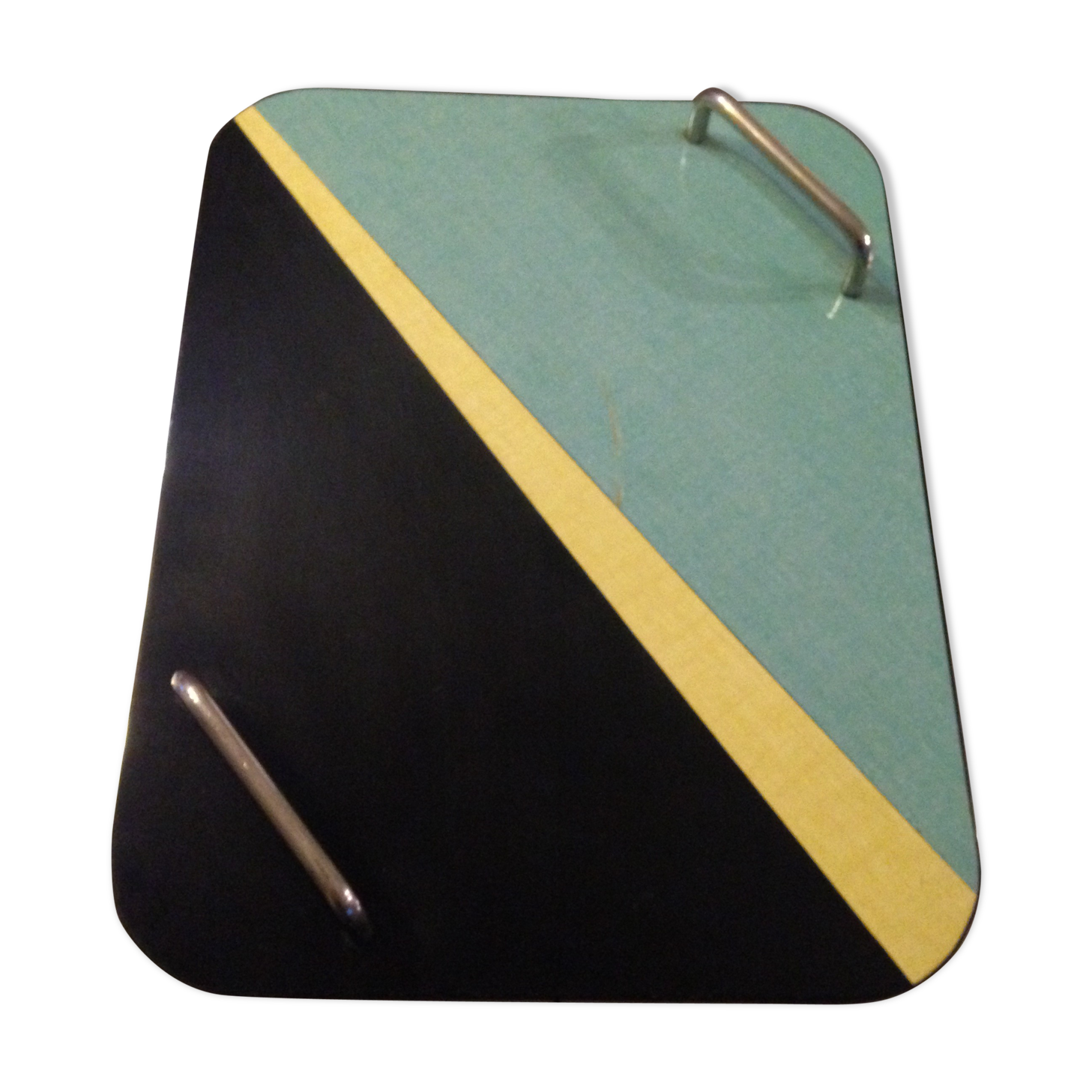 Plateau vintage année 59 en formica jaune bleu et noir