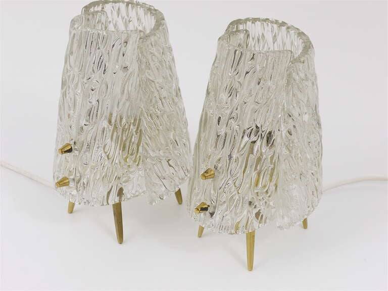 Pair of mid-century brass and textured glass table lamps, Austria, 1950s