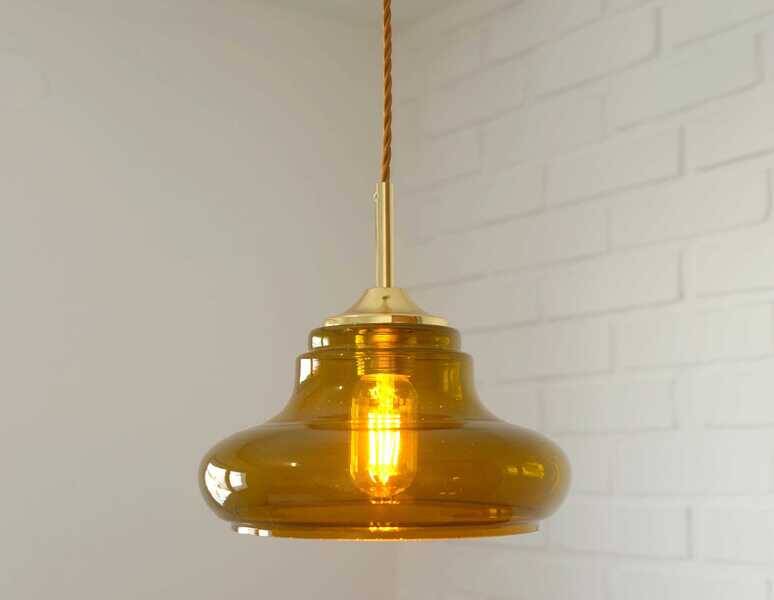 Hand-blown amber glass pendant light: MCM retro bar golden hanging lamp
