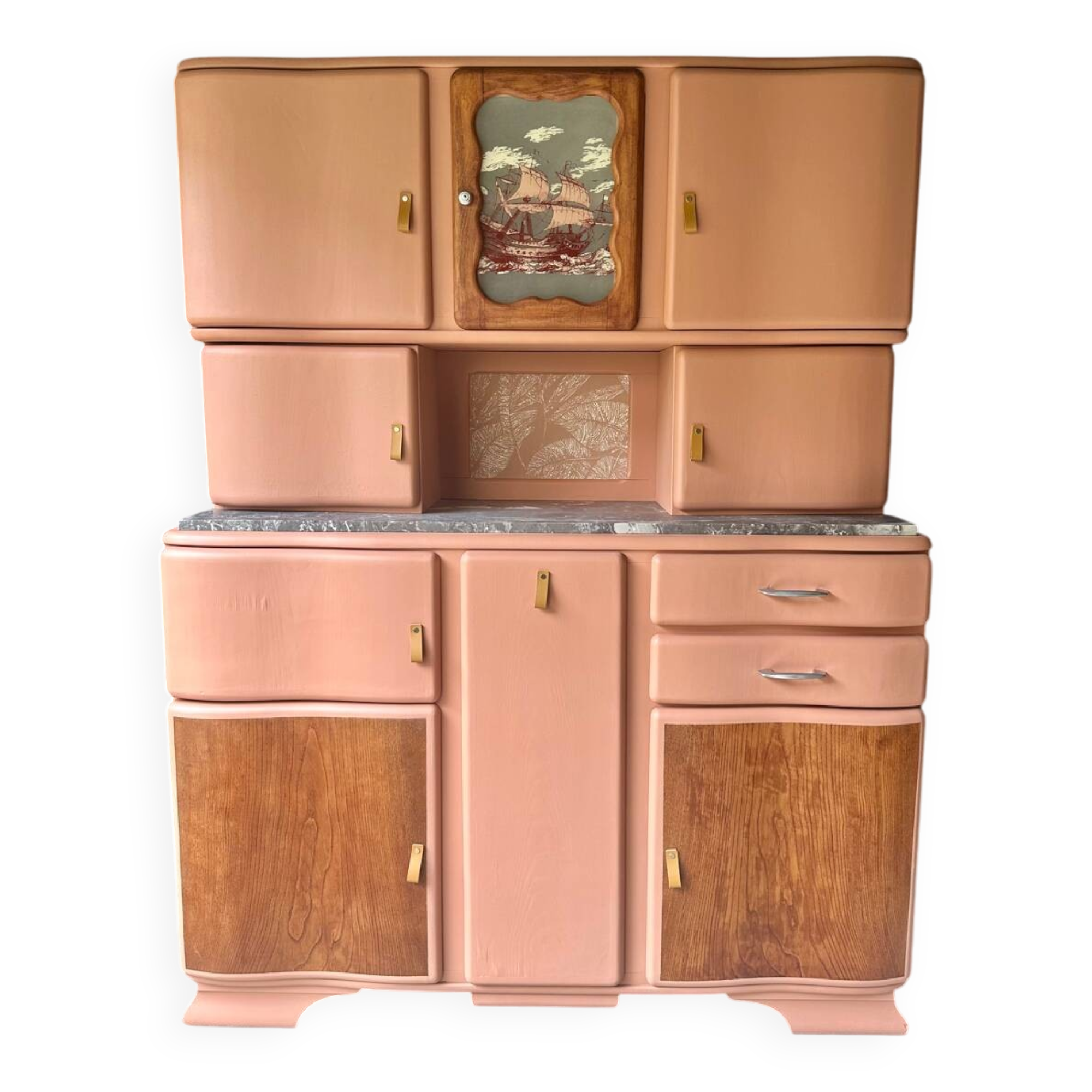 Buffet Mado vintage rénové – teinte ocre chaleureux, plateau en marbre