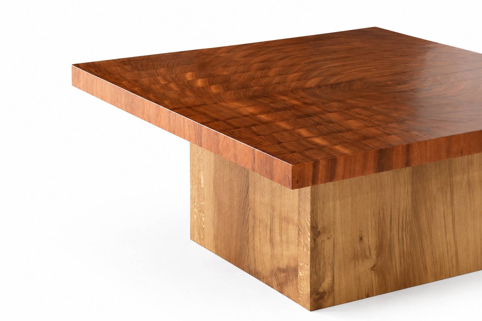 Exotic wood coffee table with an end grain wood top.