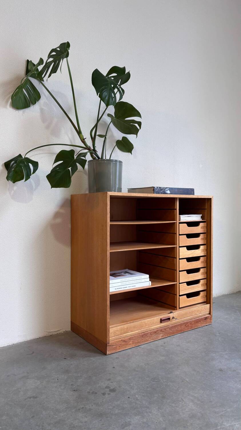 Vintage tambour cabinet - archive in oak