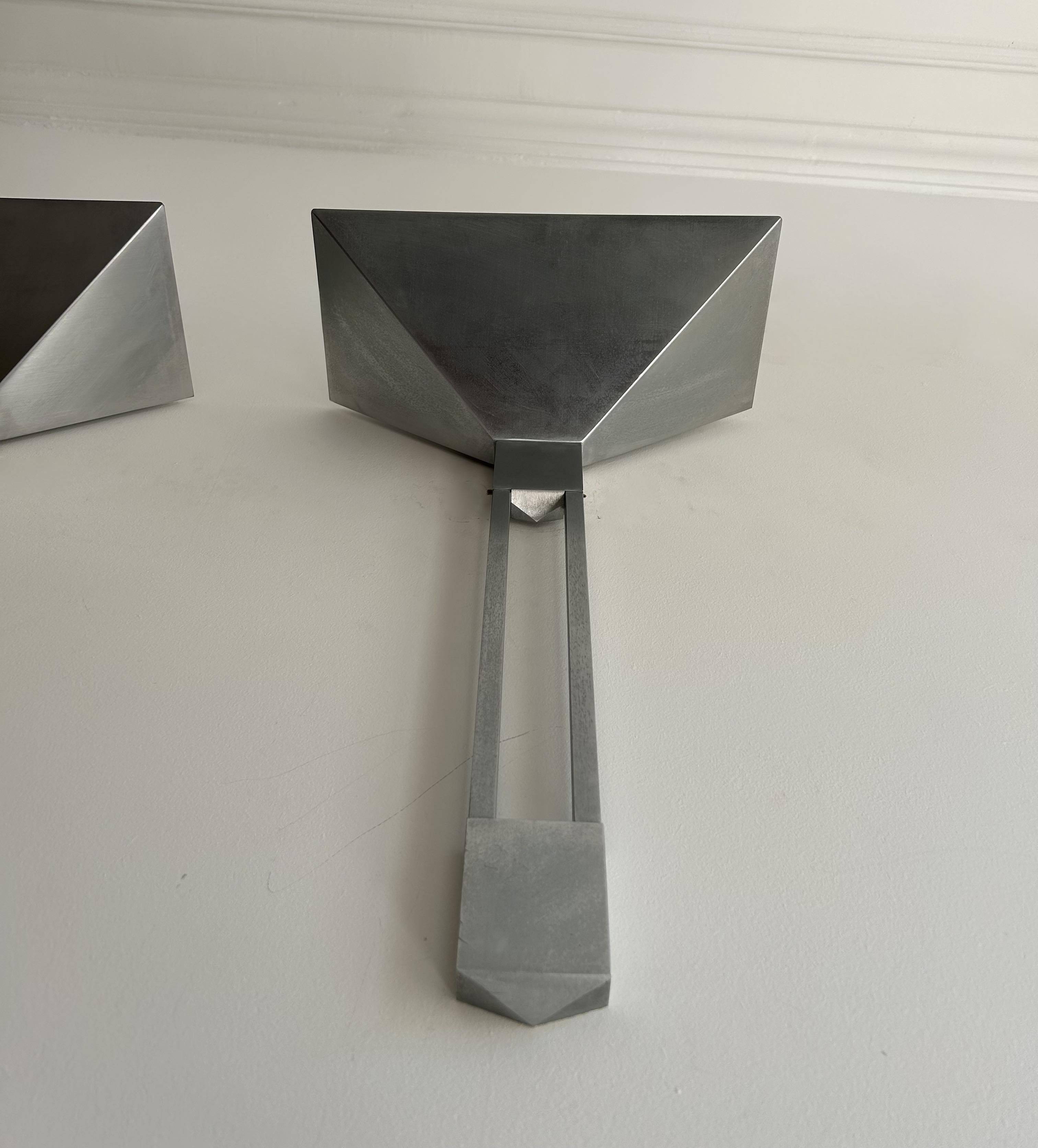 Pair of vintage geometric Vereinigte Werksatten wall lights, solid aluminum, Germany 1970s