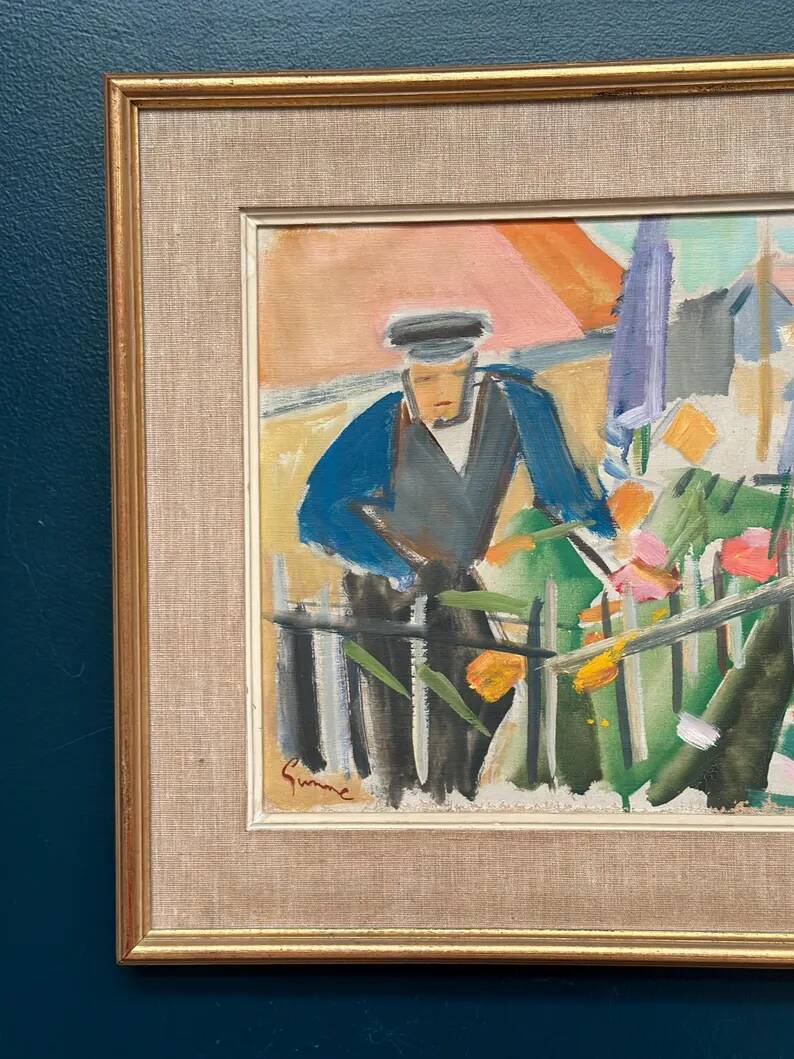 Swedish Original Oil on Canvas – "Figure Near a Flower Fence" by Carl Gunne – Signed – Vintage and Framed – 69.5 × 48 cm (27.4" × 18.9")