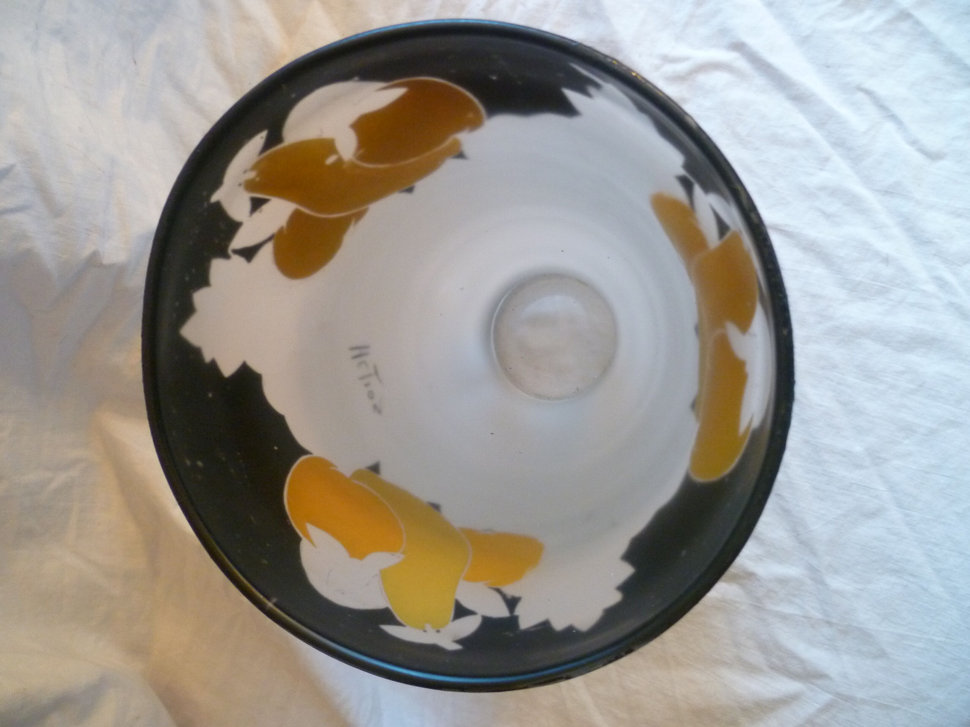Art deco vase in hand-painted frosted blown glass fruit decoration signed helios