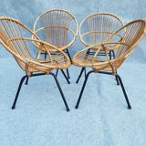 4 shell armchairs in rattan, metal feet