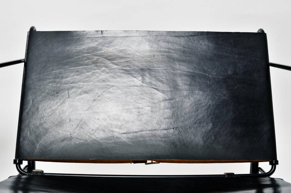 Black modernist design lounge set by Jan van Opzeeland in leather and steel bar, Netherlands, 1980s