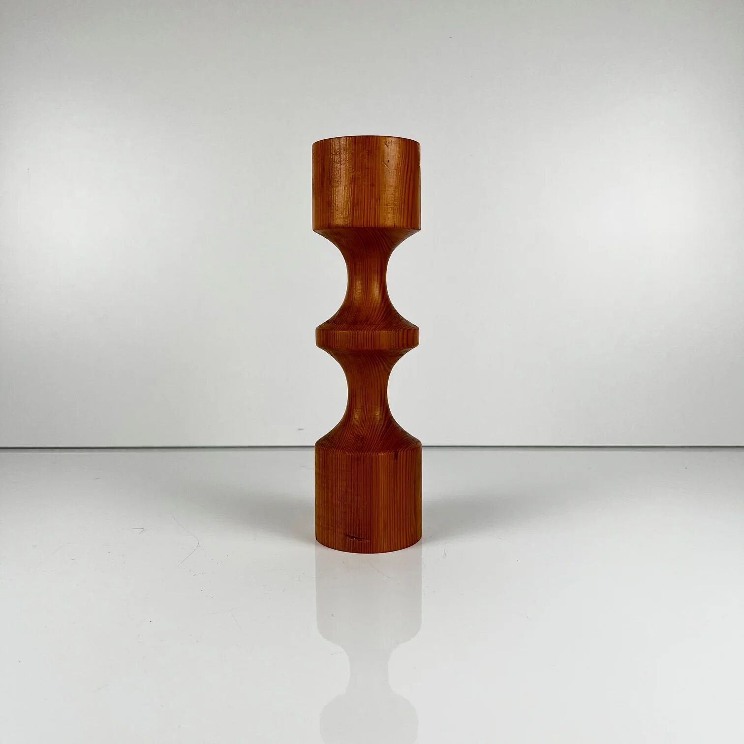 Turned wooden candlestick, pine, Midcentury Modern, 1970