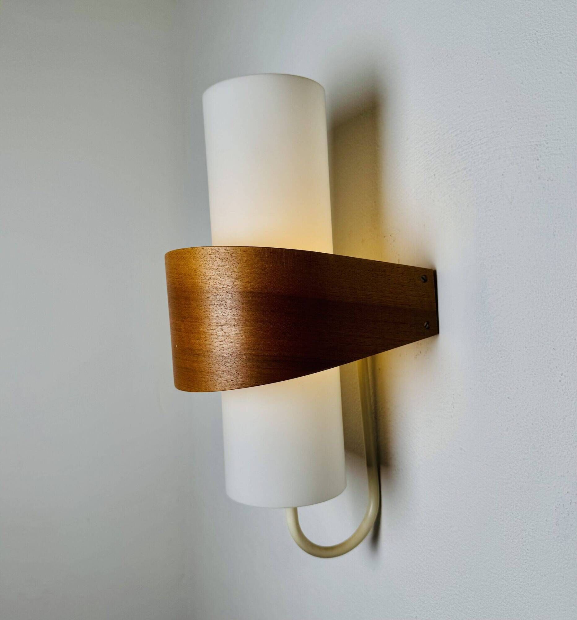 Nx40 Wall Lamp In Wood And Opal Glass By Louis Kalff For Philips, The Netherlands, 1950S