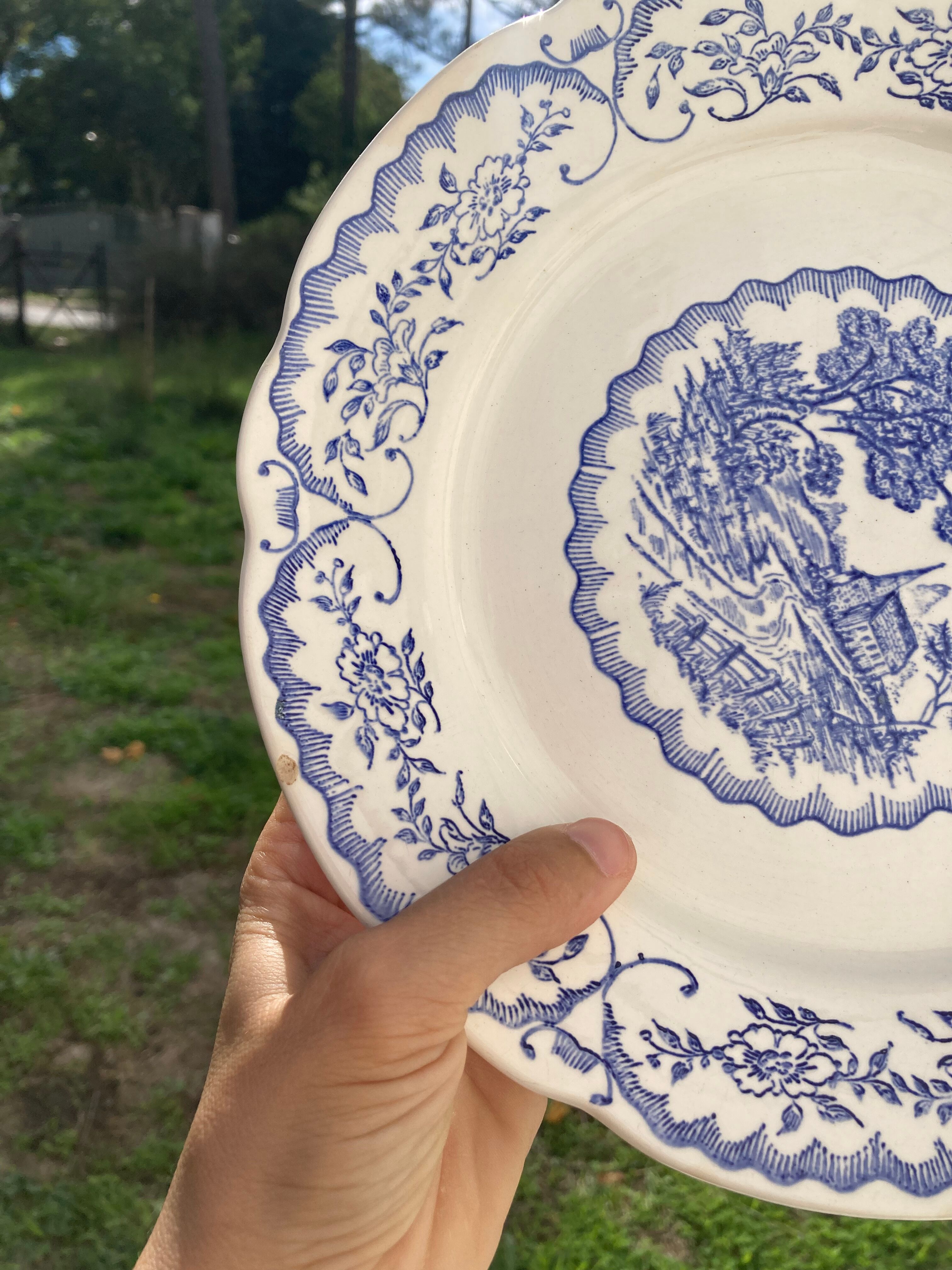 8 flat plates Digoin Sarreguemines blue and white vintage with countryside village décor
