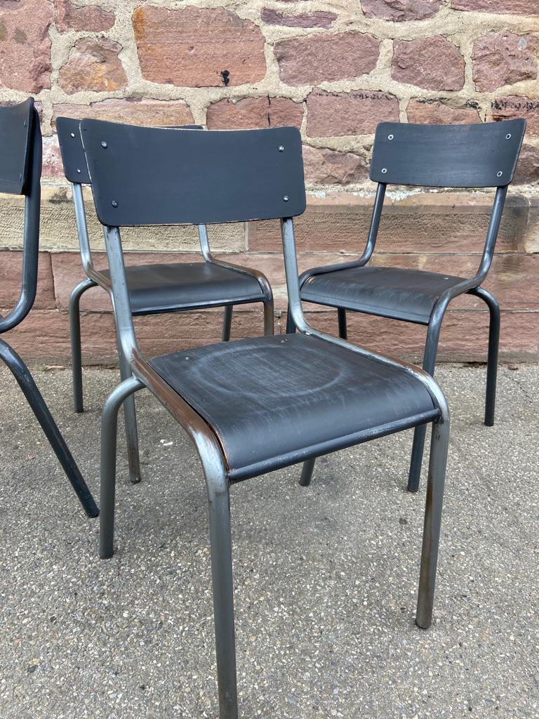 4 industrial school chairs tubular steel and mullca type wood