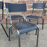 4 industrial school chairs tubular steel and mullca type wood