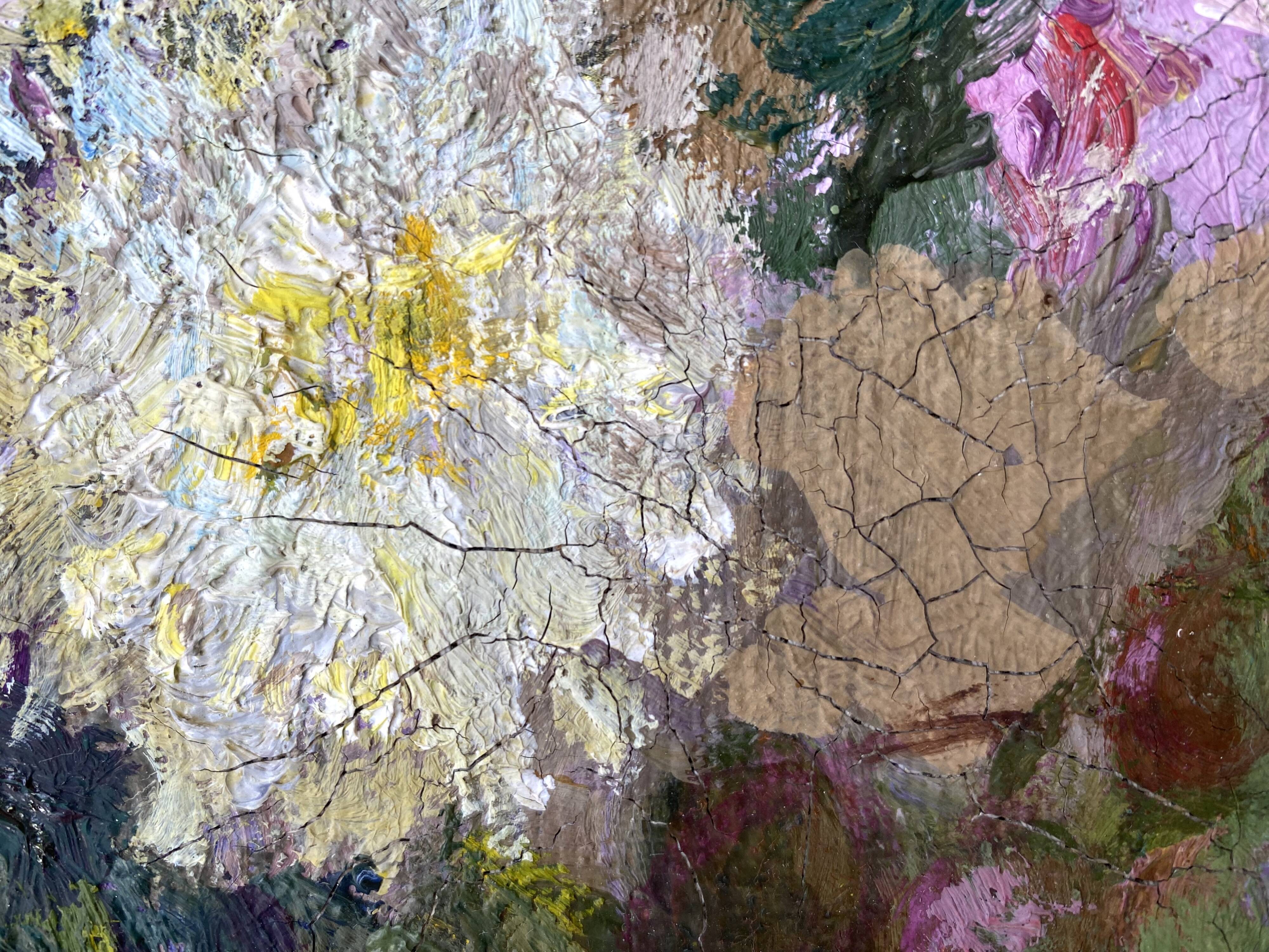 Nature morte à l'huile sur toile signée Gladkaya, peinture de fleurs et fruits années 60