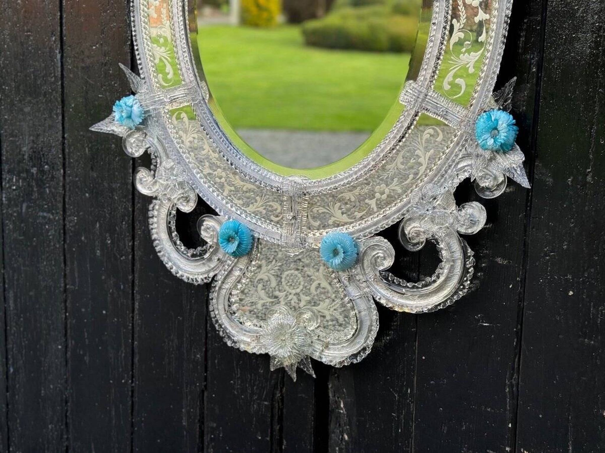 Miroir Vénitien En Verre De Murano Incolore Et Bleu