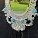 Miroir Vénitien En Verre De Murano Incolore Et Bleu