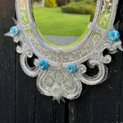 Miroir Vénitien En Verre De Murano Incolore Et Bleu