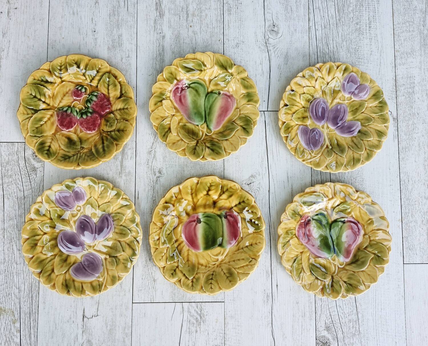 6 dessert plates sarreguemines ceramic barbotine fruits