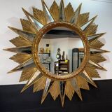 Miroir soleil doré a rayons en bois - années 50