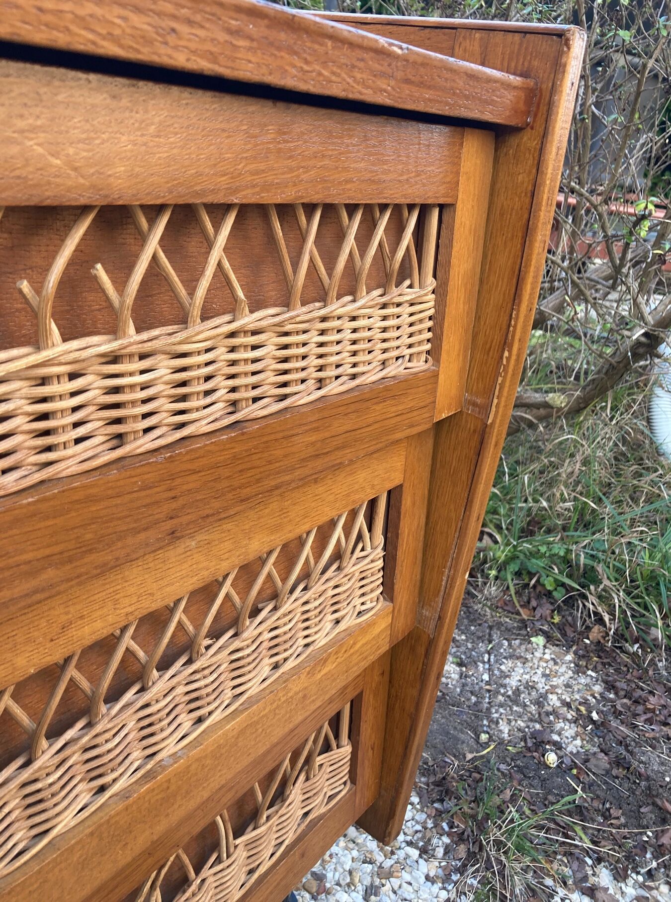 Rattan chest of drawers and vintage wood