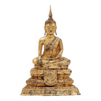Thai Gilt Bronze Seated Earth Touching Buddha Figure, Late 19th Century