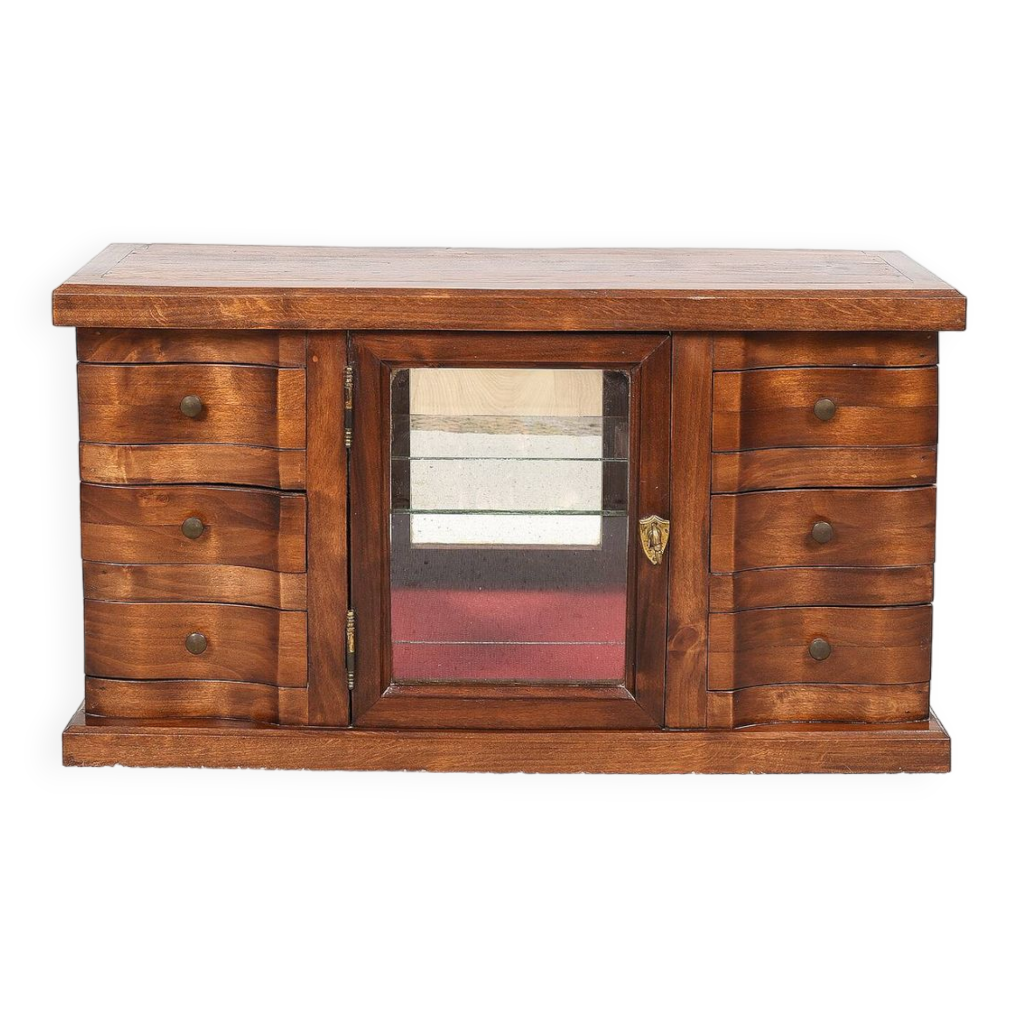 Meuble à bijoux avec 6 tiroirs et vitrine.