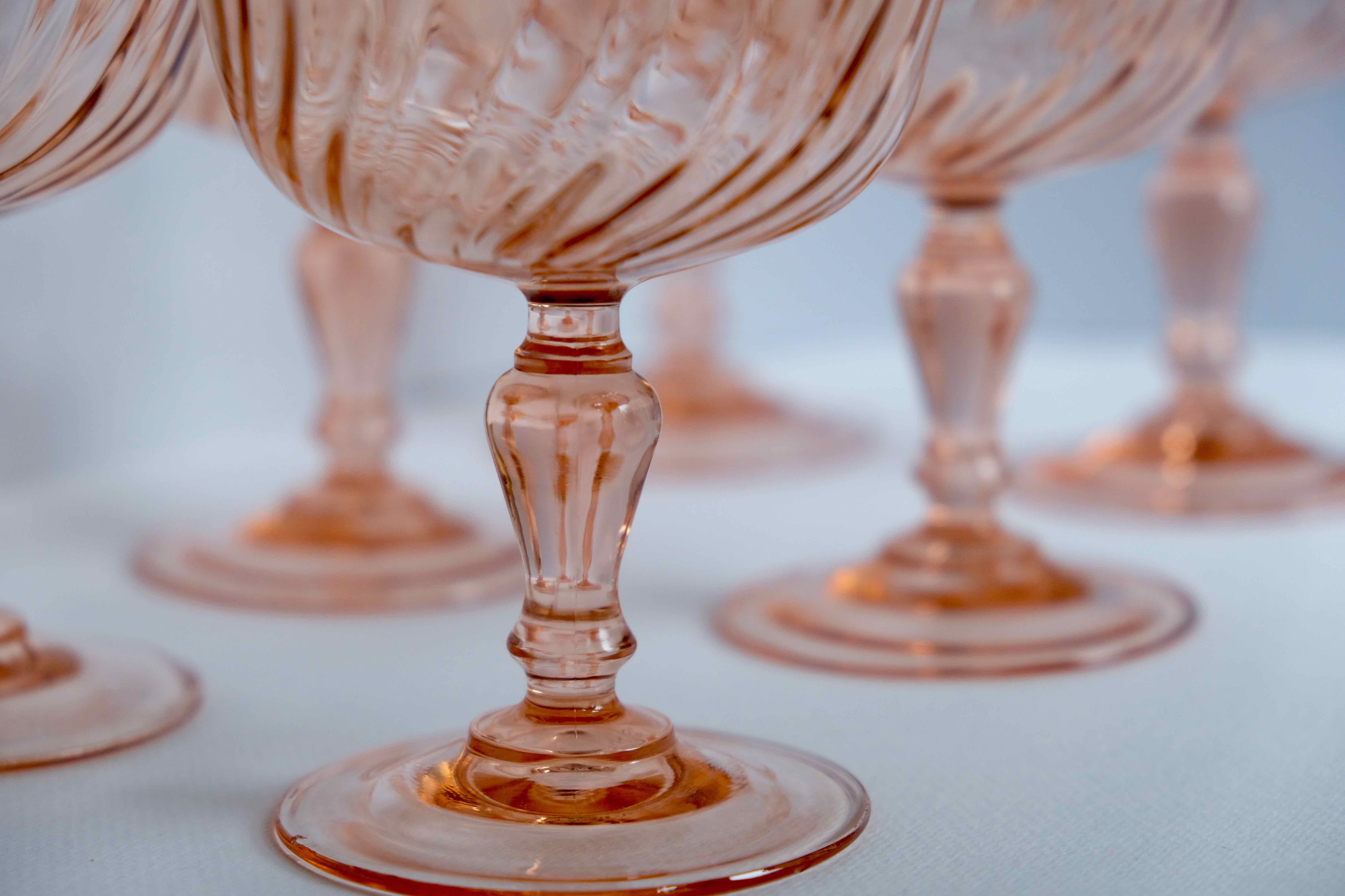 Set of 6 cups champagne rose vintage Rosaline pink swirl glass Arcoroc Luminarc France