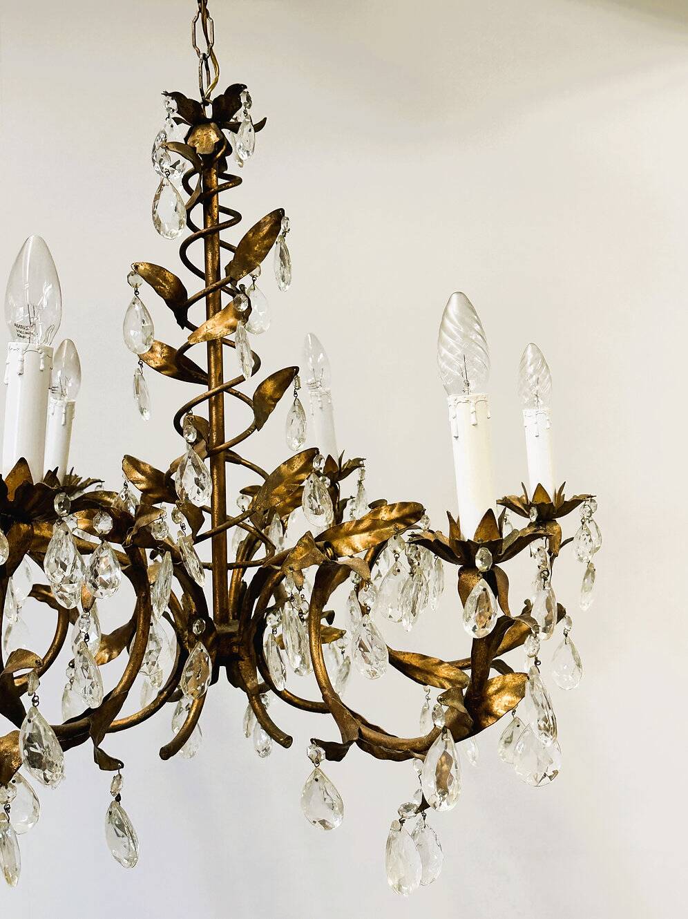 Vintage gold leaf crystal chandelier with 6 lights, 1950s.