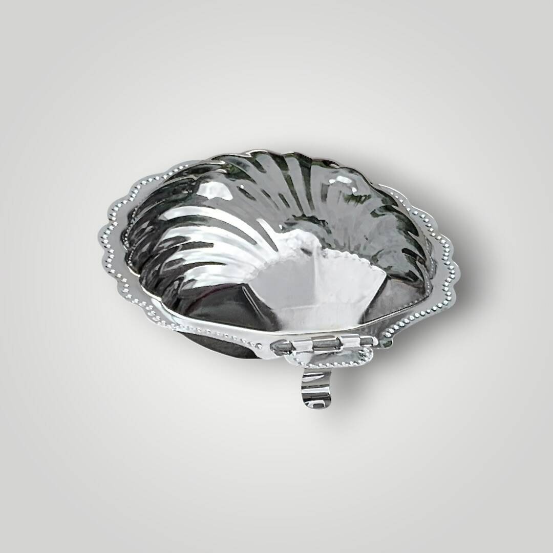 Vintage shell butter dish in stainless steel and cobalt blue glass