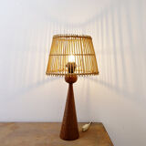 Wooden table lamp in the shape of a bowling pin with a bamboo shade from the 1960s.
