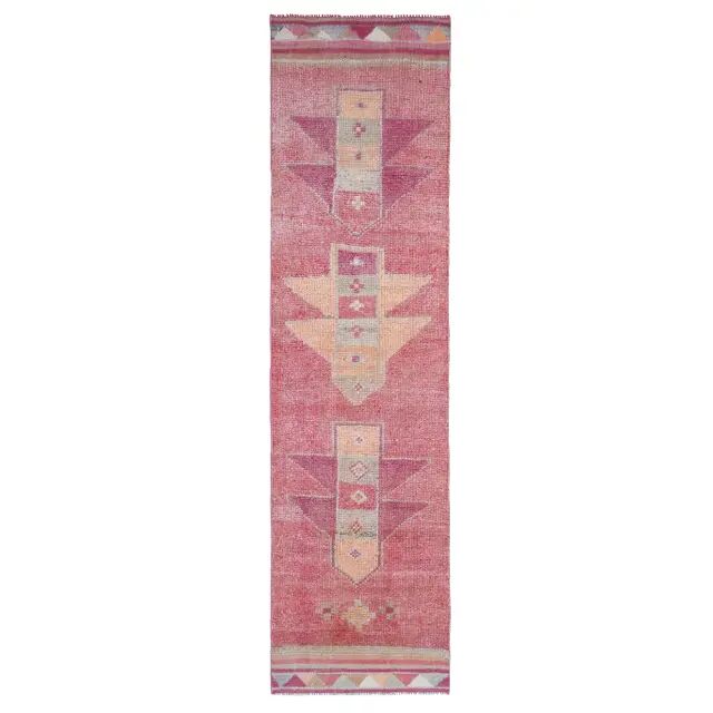 Tapis coureur vintage en laine et coton turc noué à la main rose 87x328