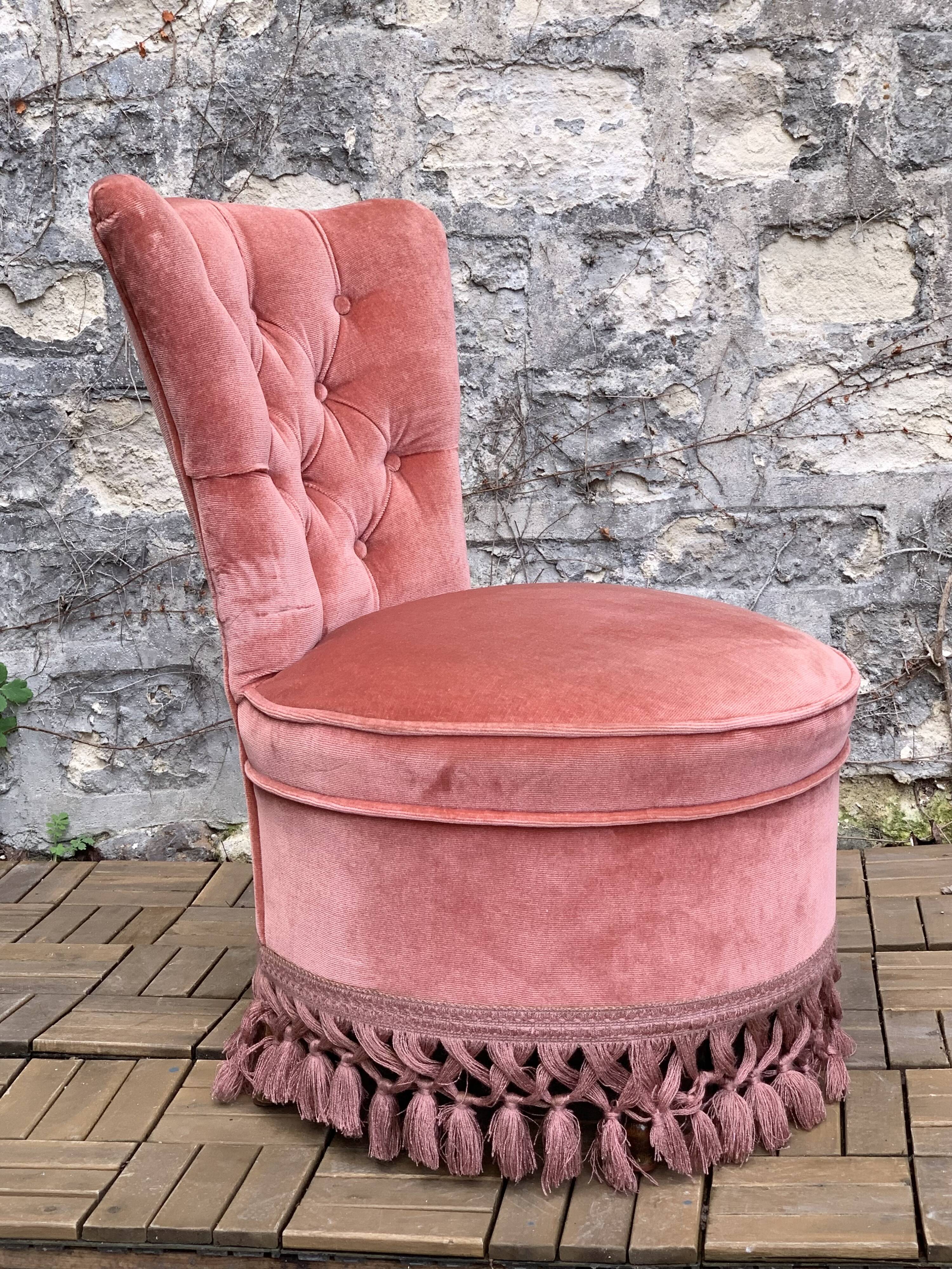 Pink velvet padded toad armchair 1970