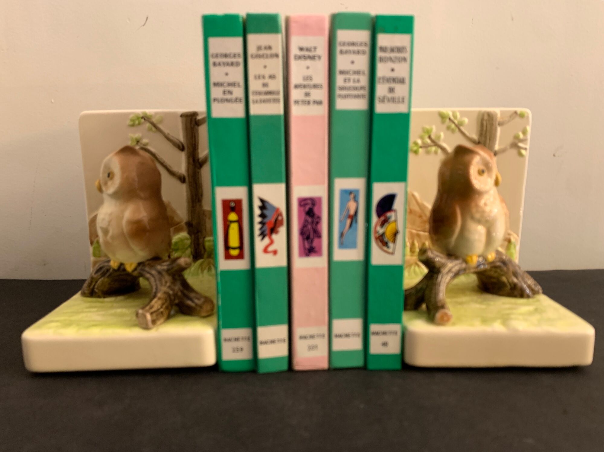 Pair of owl Japanese ceramic book greenhouses, 1980