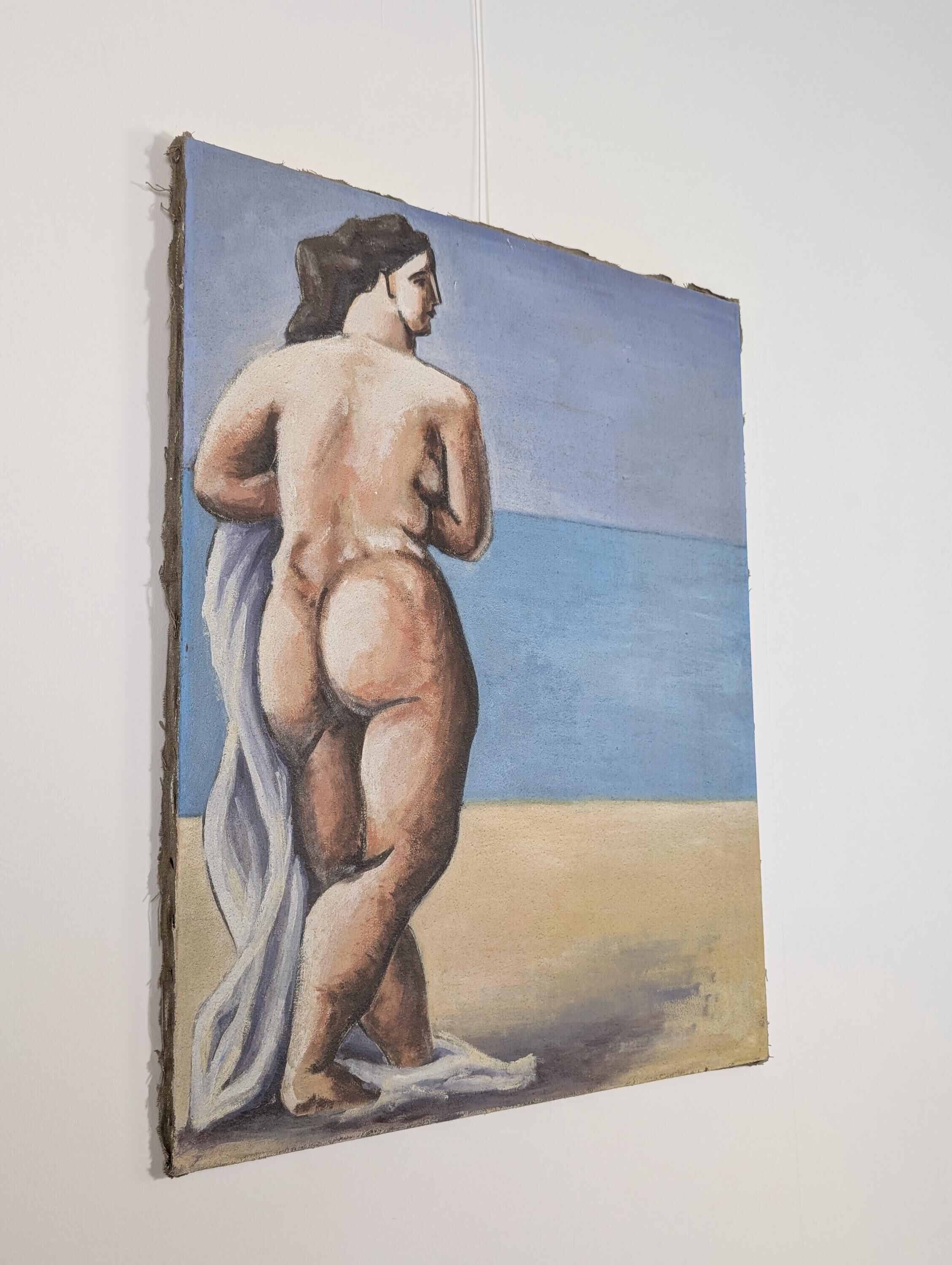 Large format modern art oil painting, female figure on the beach, 20th century