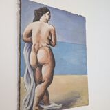 Large format modern art oil painting, female figure on the beach, 20th century