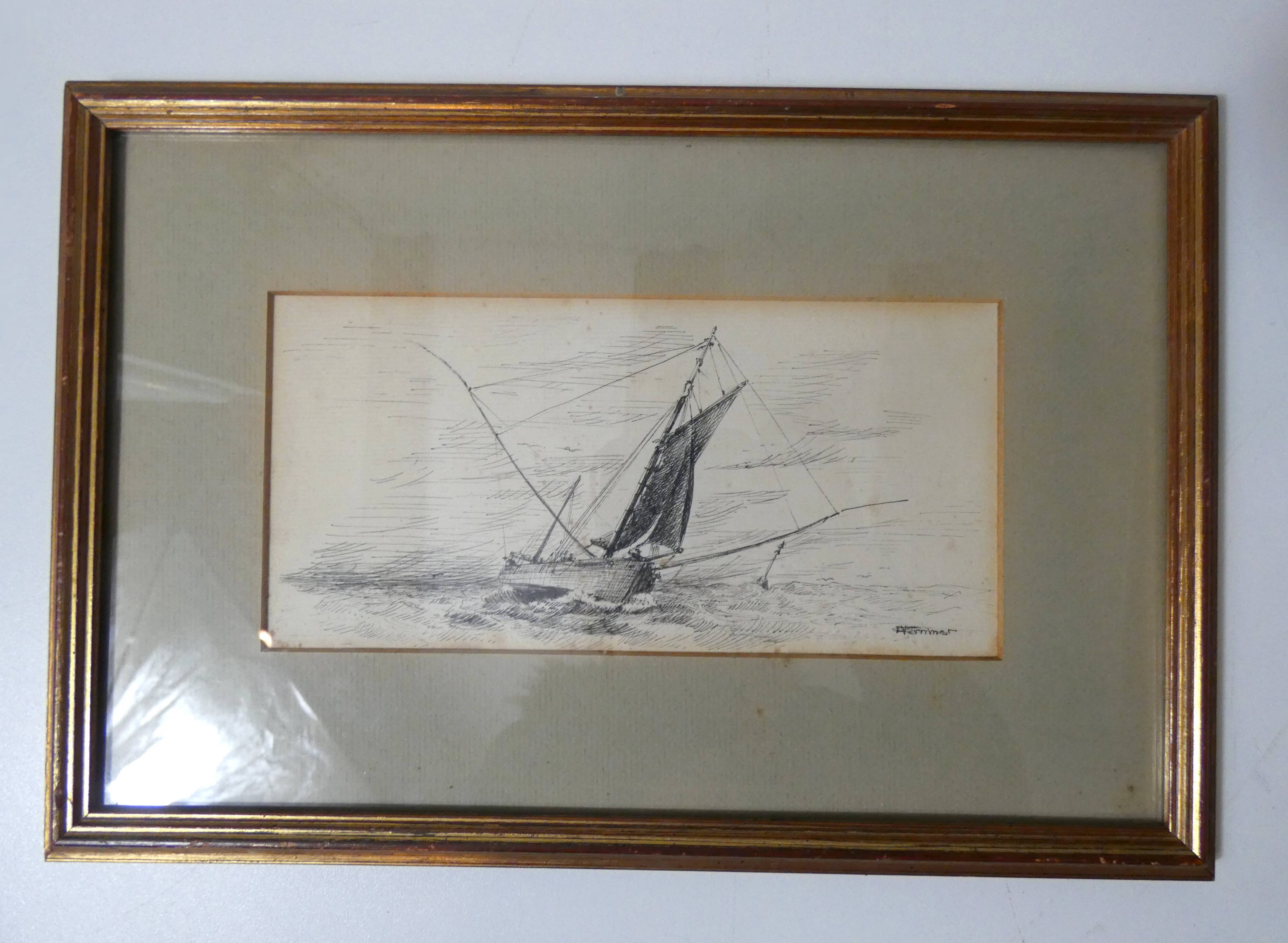 Antique ink drawing on paper, sailboat at sea, signed and framed.