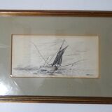 Antique ink drawing on paper, sailboat at sea, signed and framed.