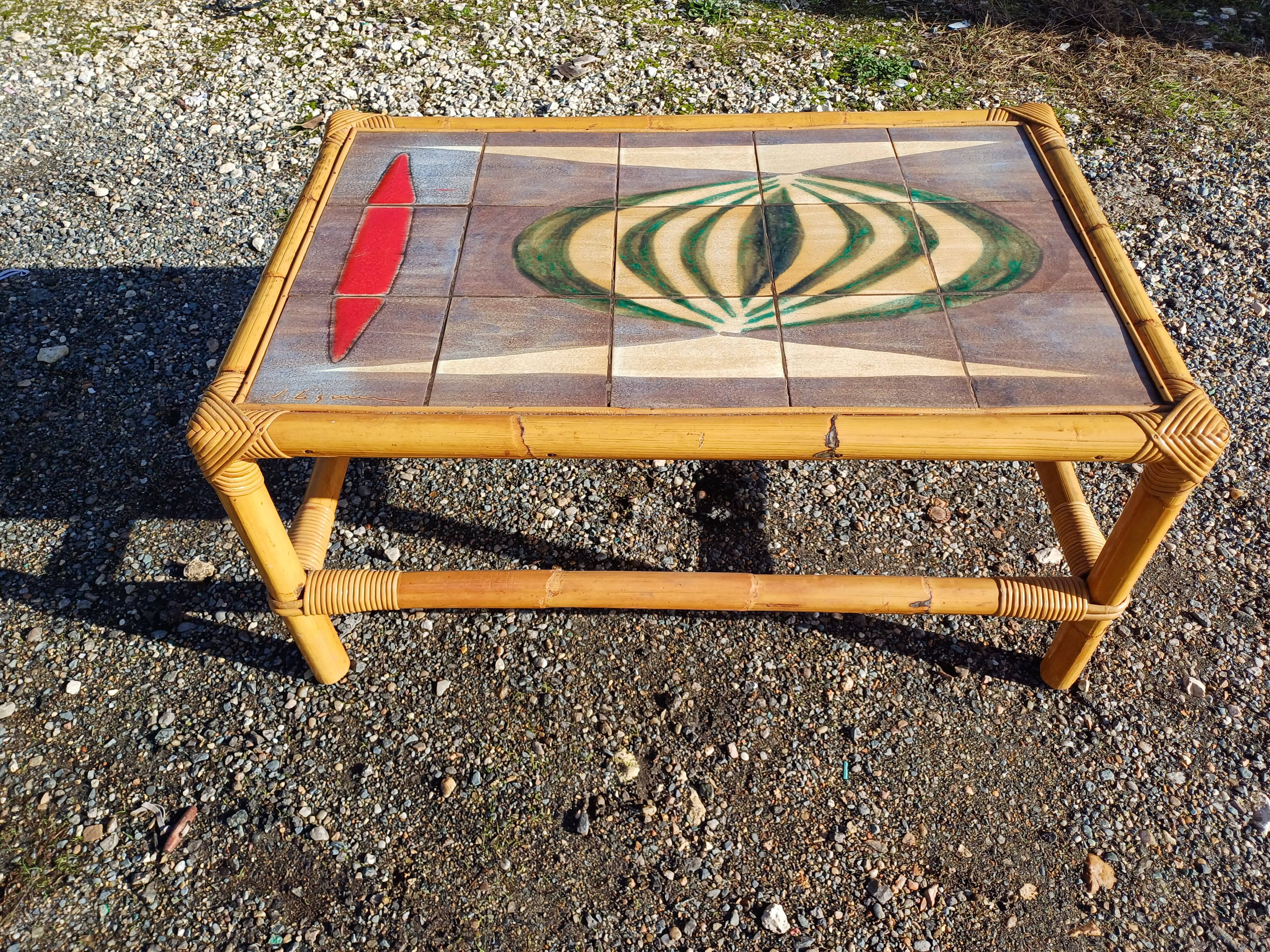 Vintage bamboo and earthenware coffee table signed jl gruer