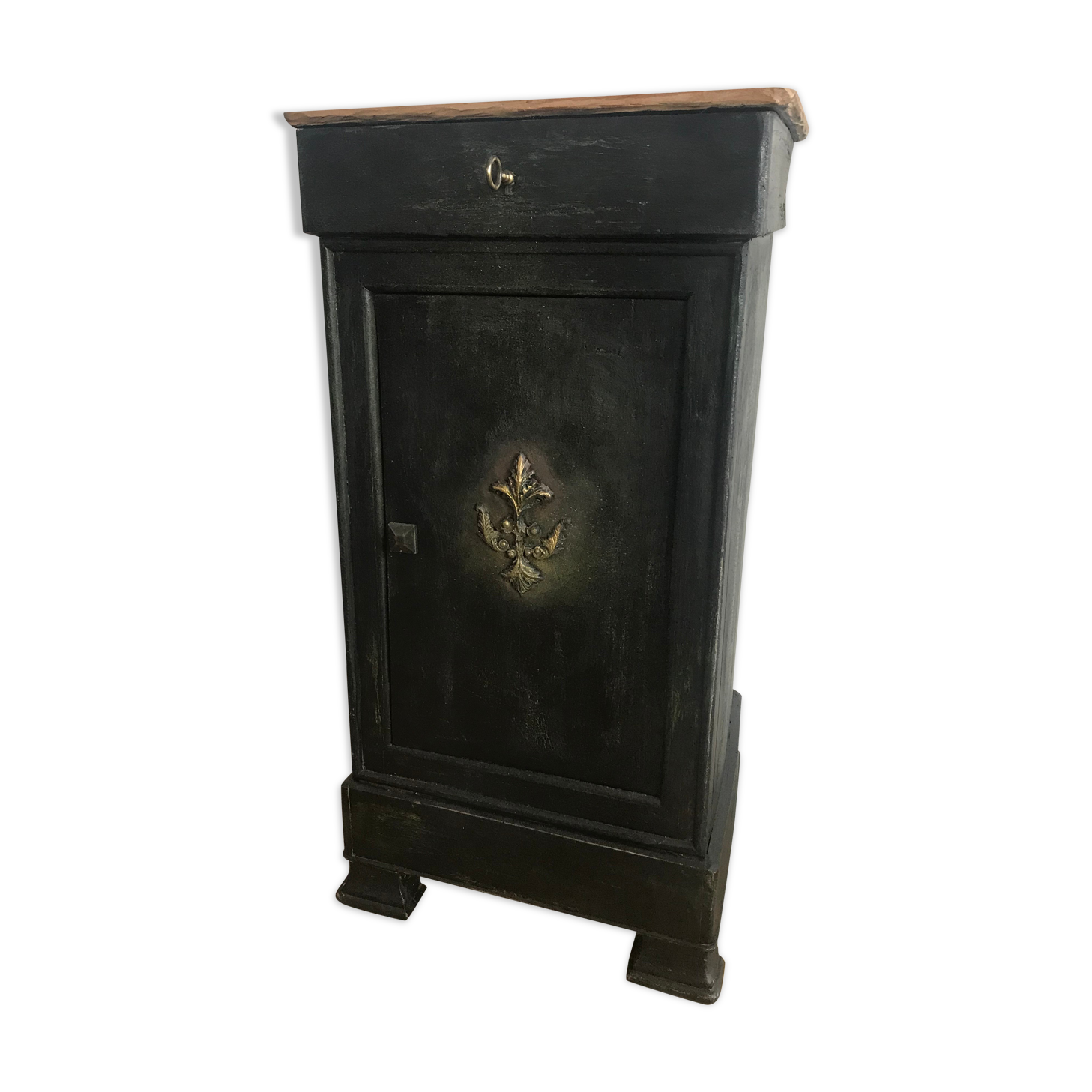 Bedside table vintage carved wood badge drawer holder black old wood