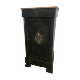 Table de chevet nuit vintage bois sculpté écusson porte tiroir noir bois ancien