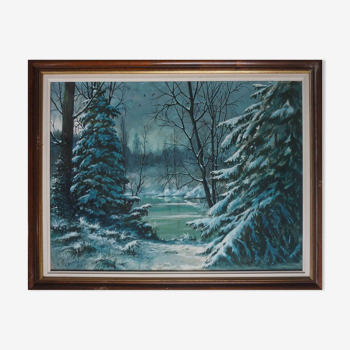 Painting Under snowy wood mountain landscape by Victor DUMAY (1901-1981)