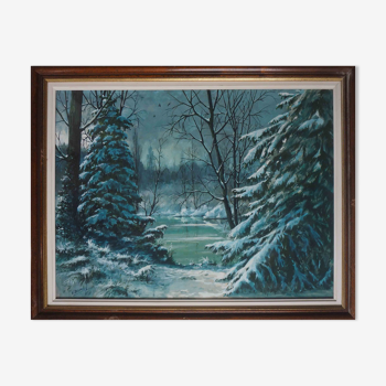 Tableau sous bois enneigé paysage de montagne signé victor dumay (1901-1981)