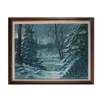 Painting Under snowy wood mountain landscape by Victor DUMAY (1901-1981)