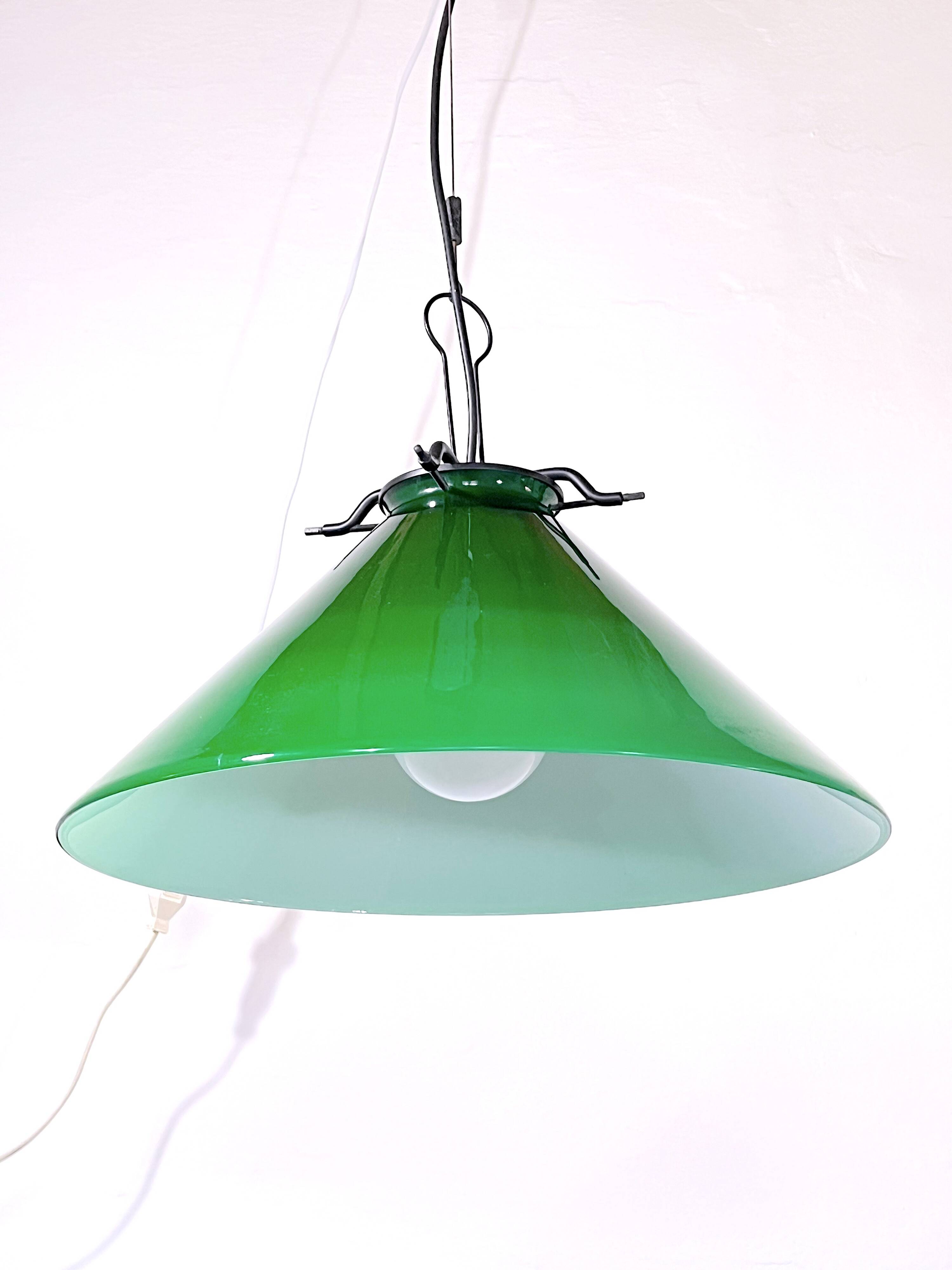 Green Murano conical pendant light, Italy 1980.