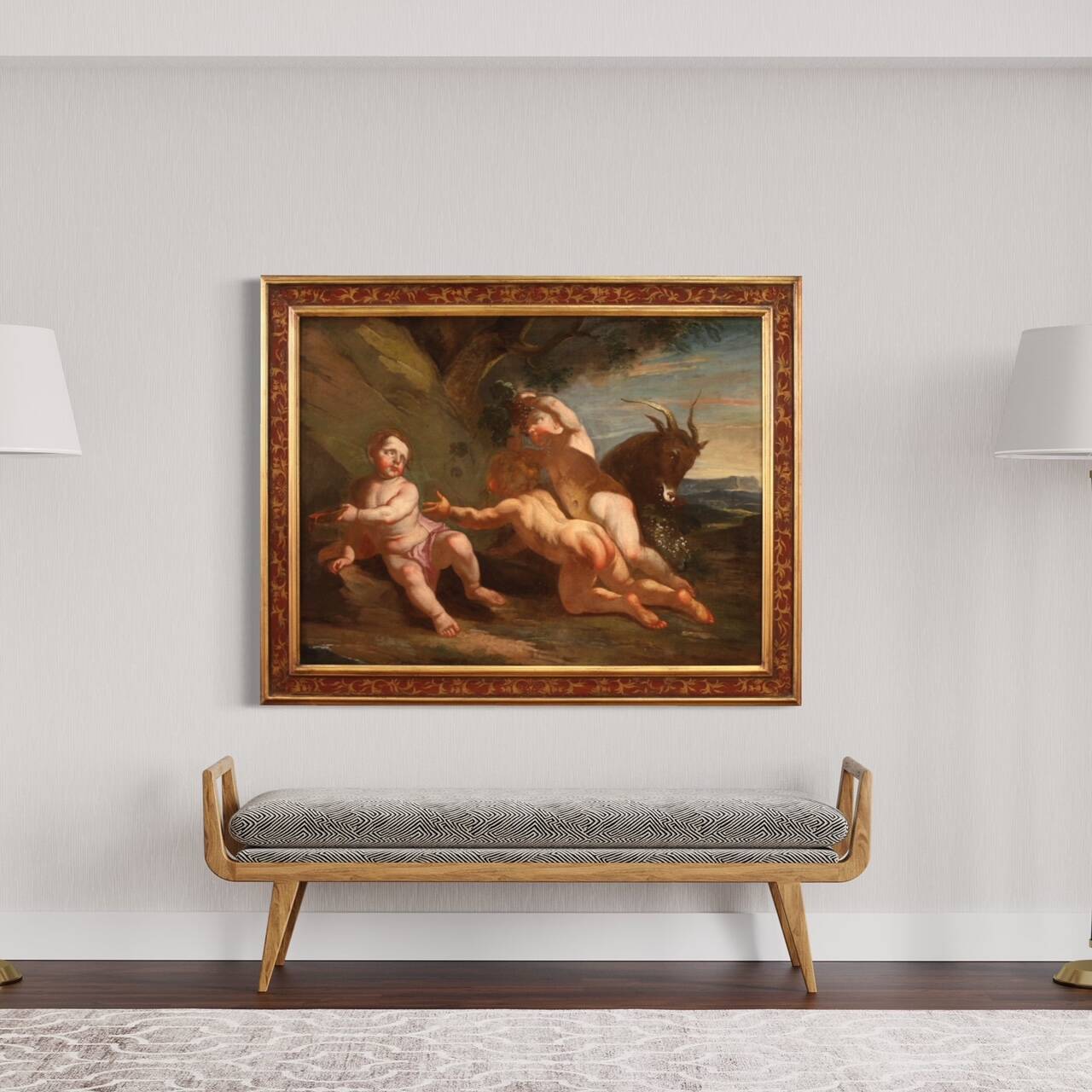 Antique Italian painting from the 17th century, bacchanal of cherubs