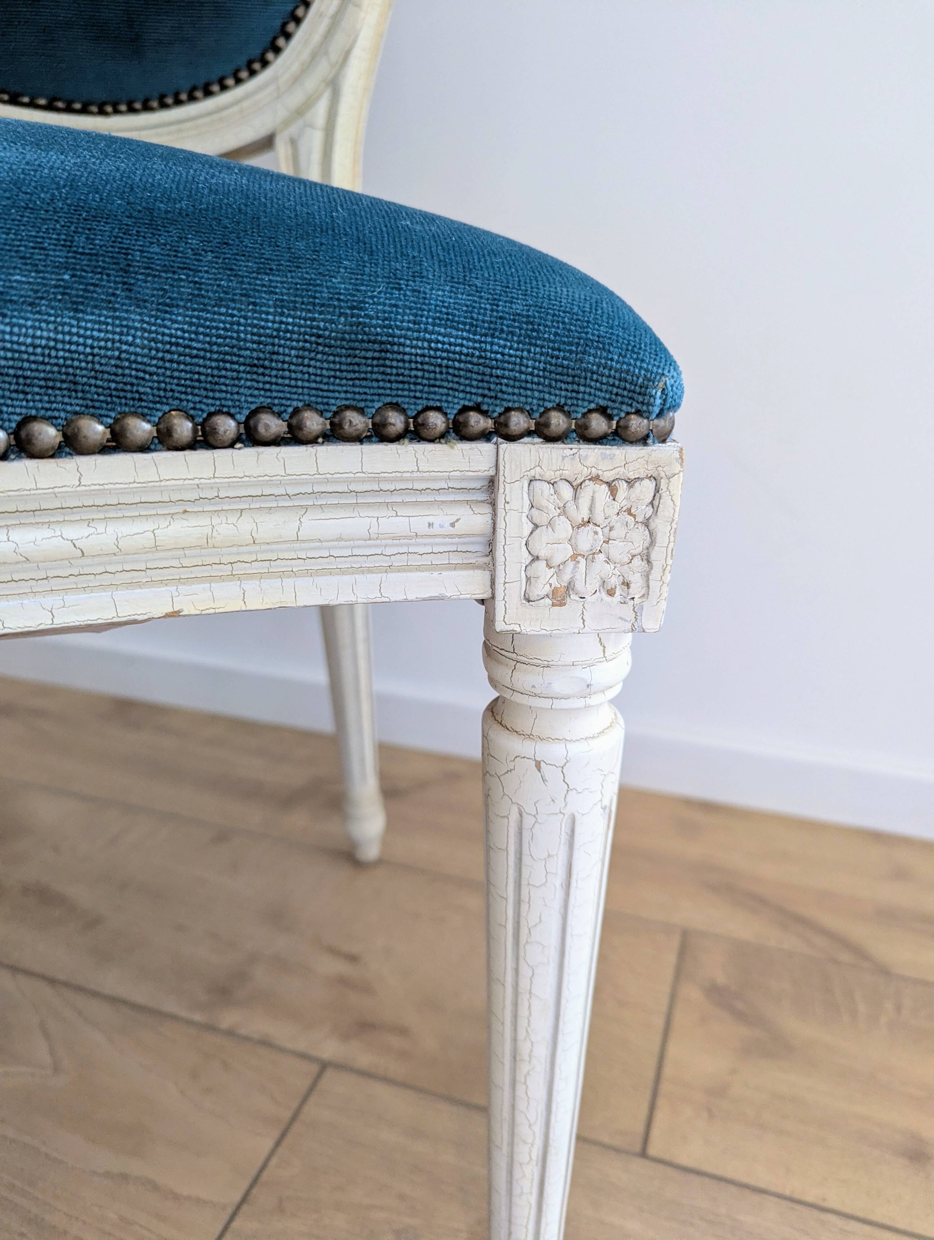 Vintage Louis XVI style chair in petrol blue velvet and patinated wood